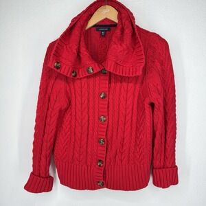 Lands End 3D Cable Knit Cardigan Sweater Womens M‎ Red Fisherman All Over Button